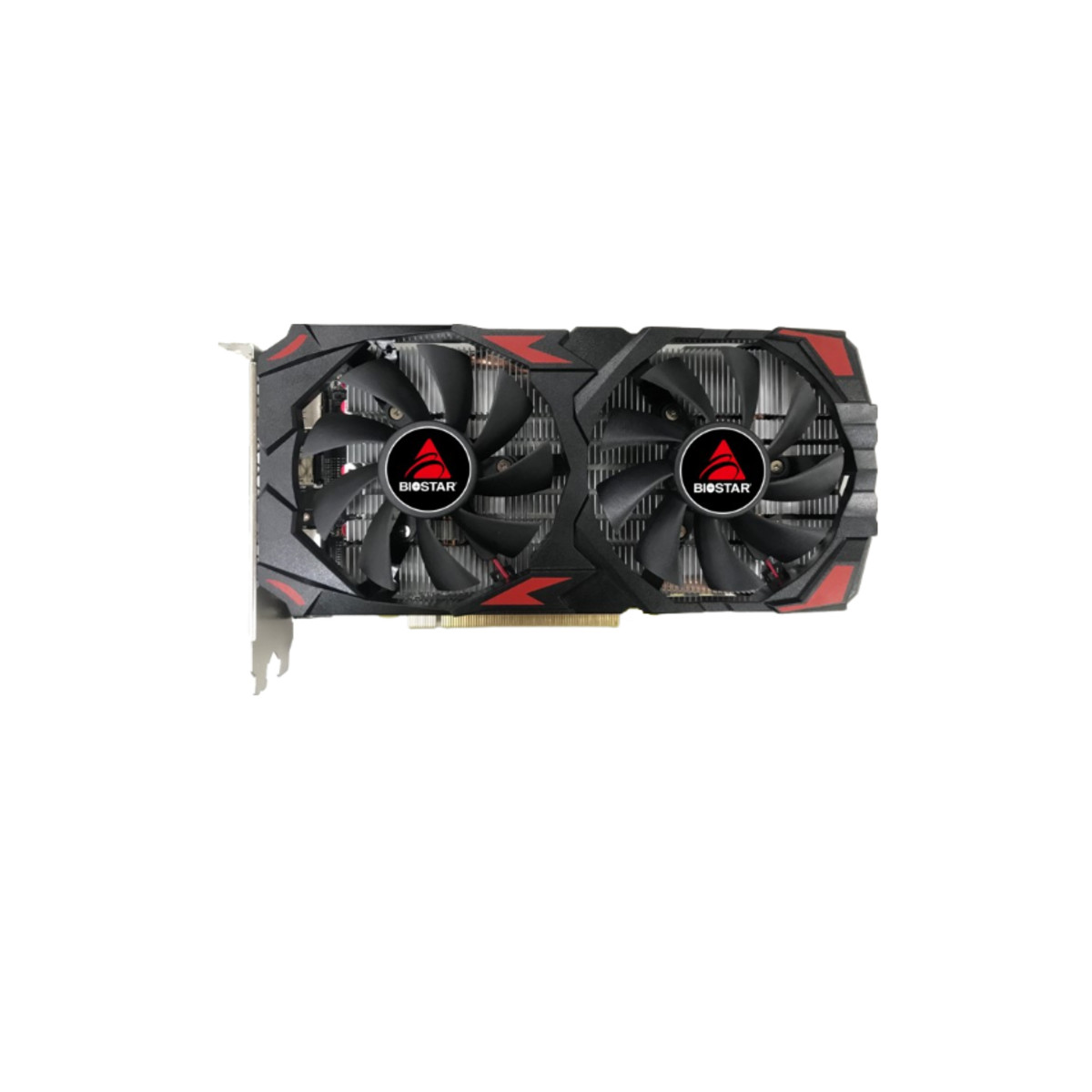 A black graphics card with two fans and red accents.