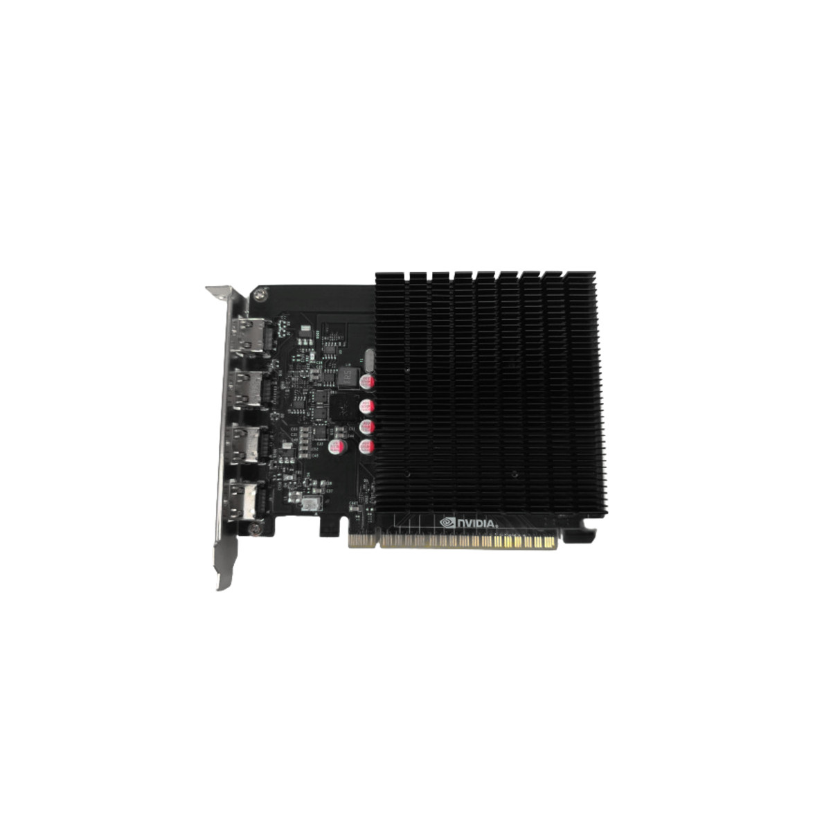 A black NVIDIA graphics card with a heatsink and ports.