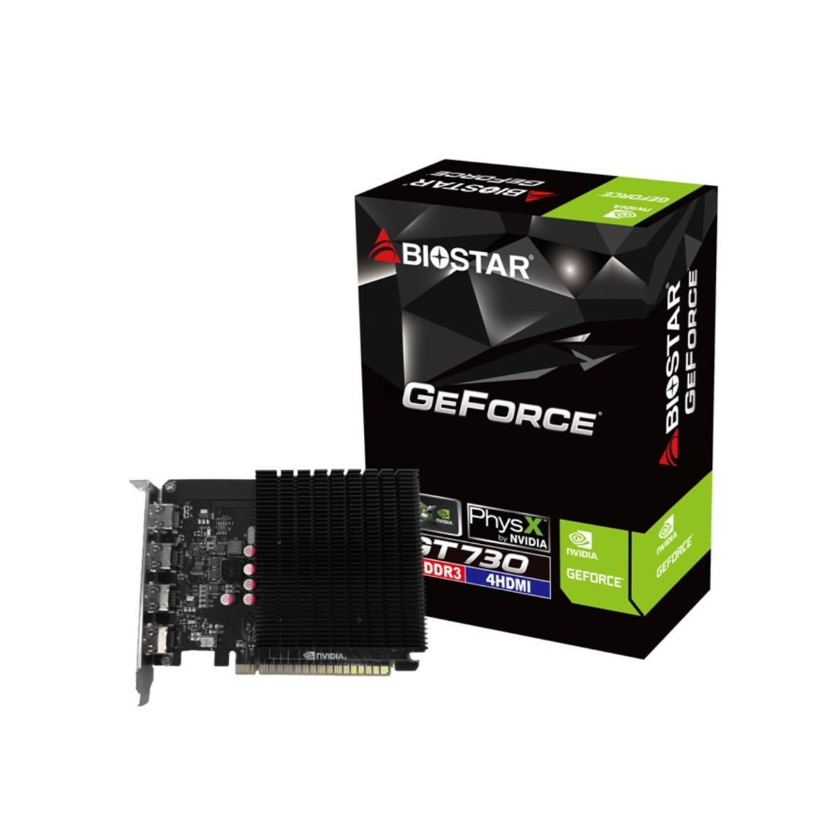 Biostar GeForce GT 730 graphics card with black heatsink and packaging.