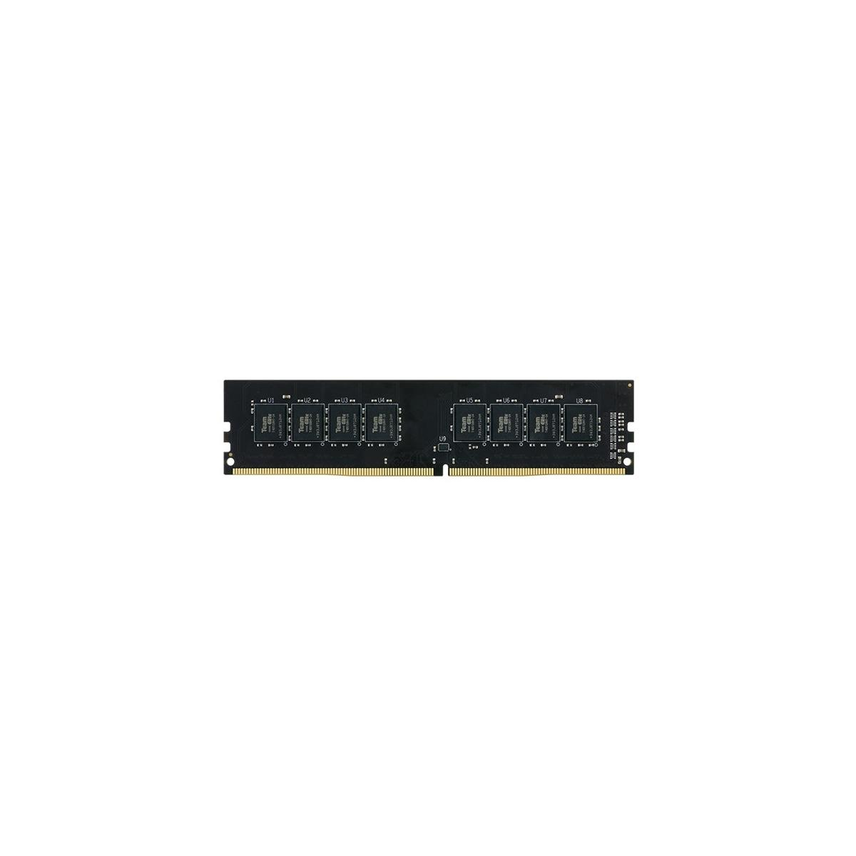 Een zwarte RAM-module met meerdere chips en zilveren contacten.