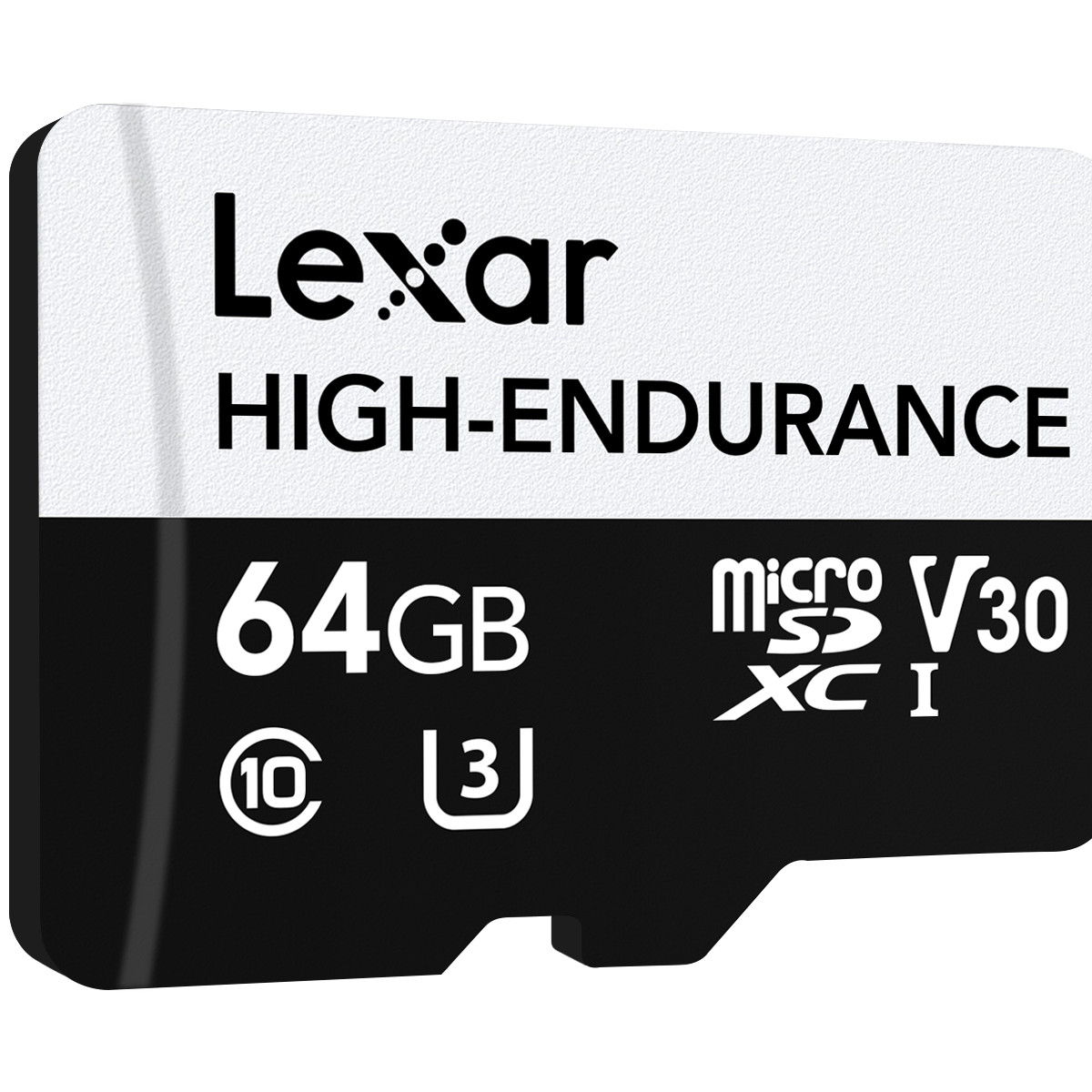 Tarjeta Lexar 64GB MicroSDXC V30 con texto "High-Endurance".