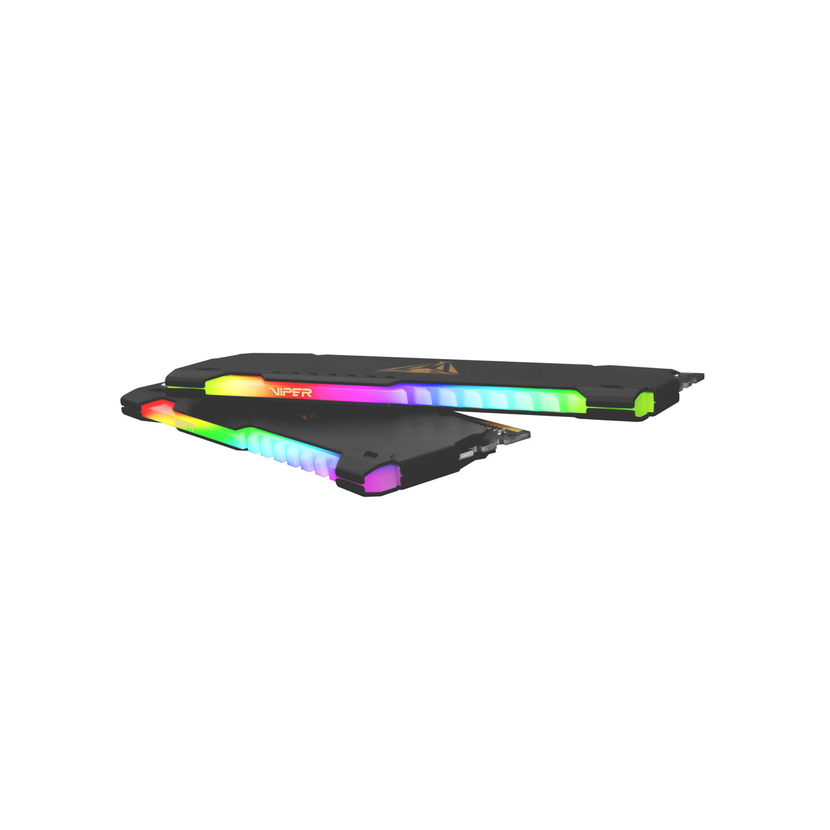 Zwei schwarze RAM-Module mit RGB-Beleuchtung auf weißem Hintergrund.