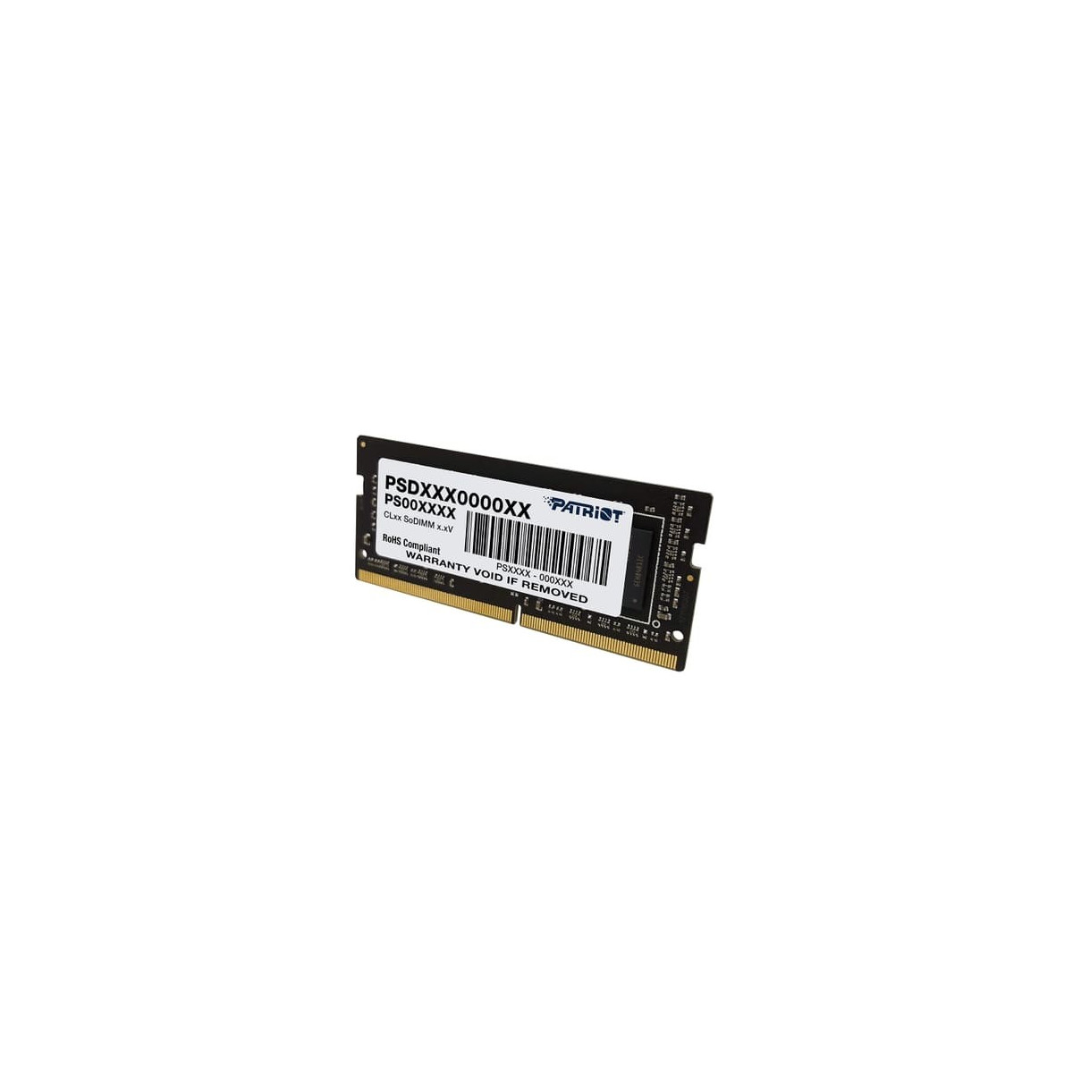 Un modulo RAM Patriot nero con etichette che indicano il numero di modello e la conformità RoHS.