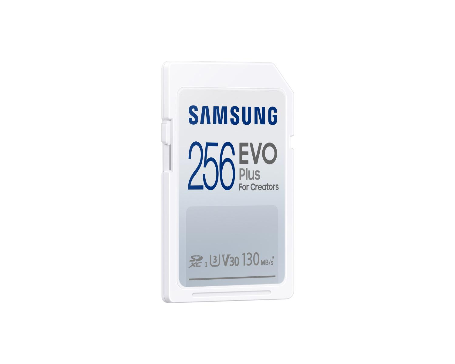 Witte Samsung 256GB EVO Plus geheugenkaart met V30-snelheid.