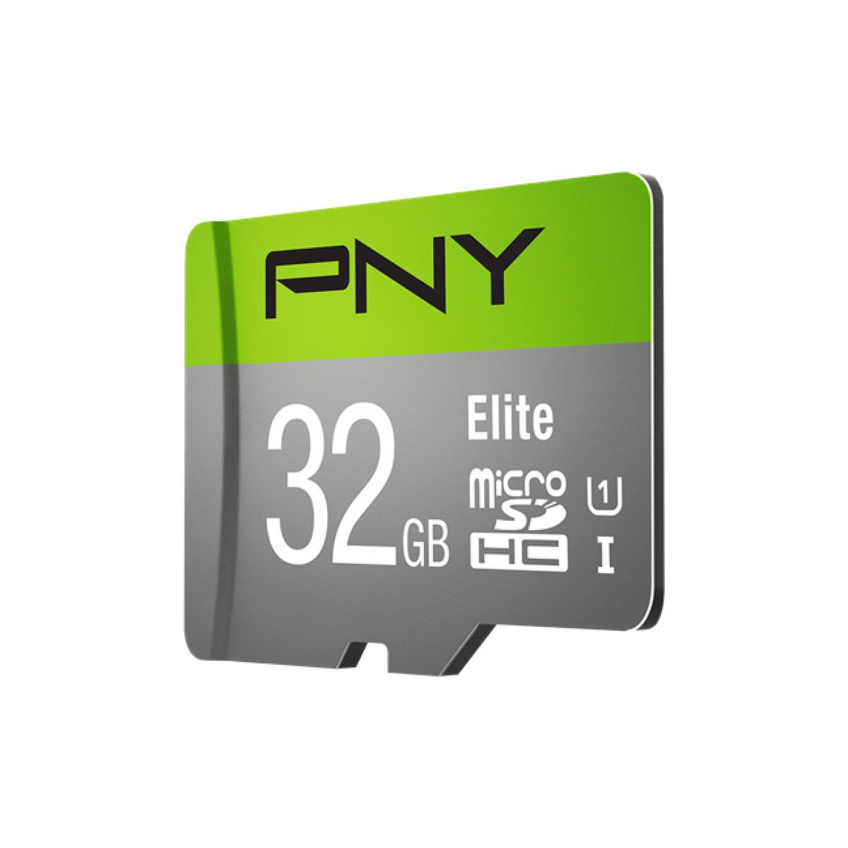 Carte PNY 32 Go Elite Micro SDHC avec dessus vert et gris.