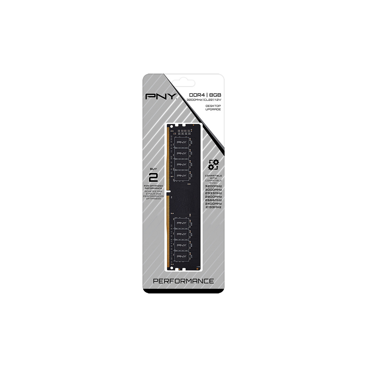 Modulo RAM PNY DDR4 8GB in confezione con specifiche prestazioni e lista compatibilità.