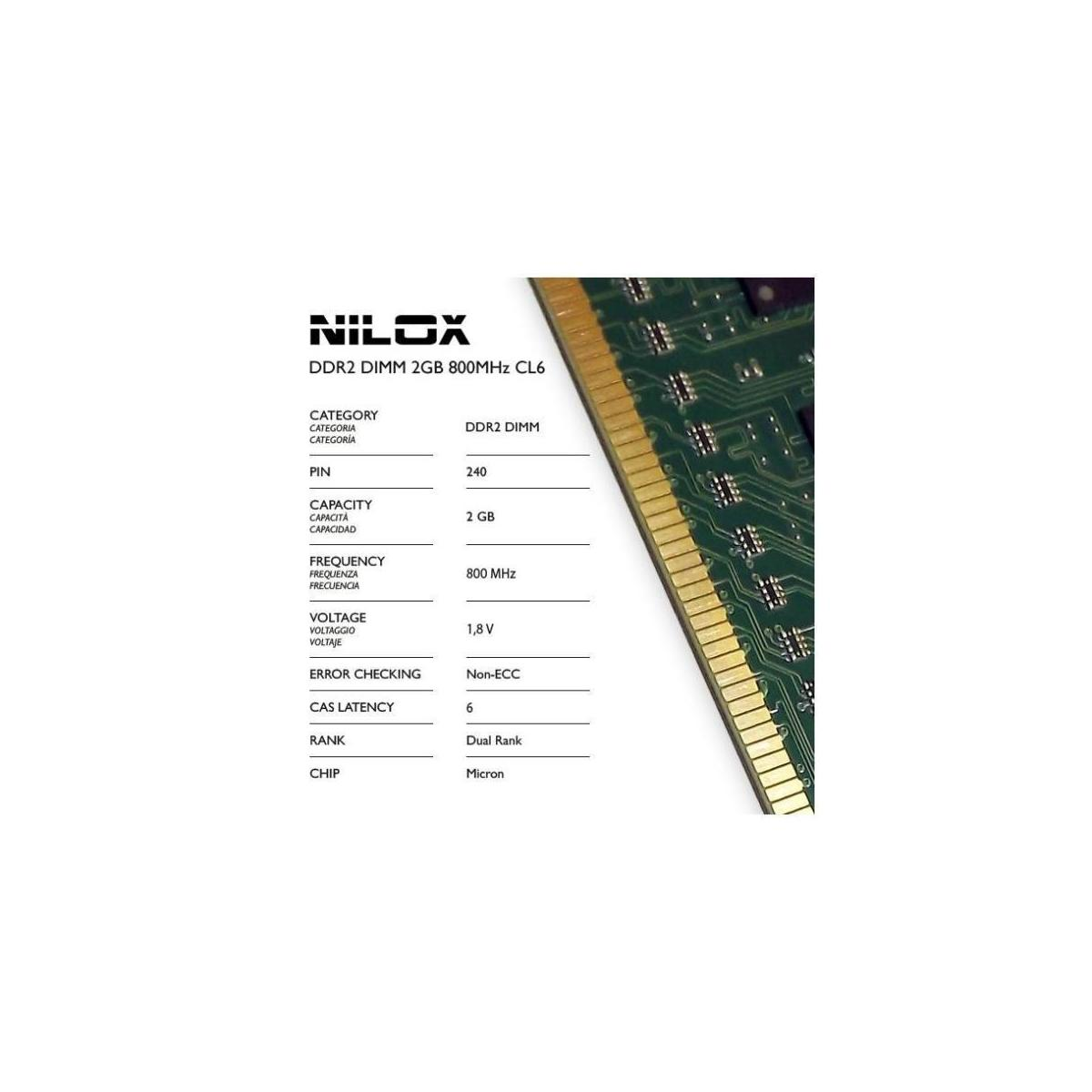 Elenco specifiche NILOX DDR2 DIMM 2GB 800MHz CL6 con parte di un modulo RAM.