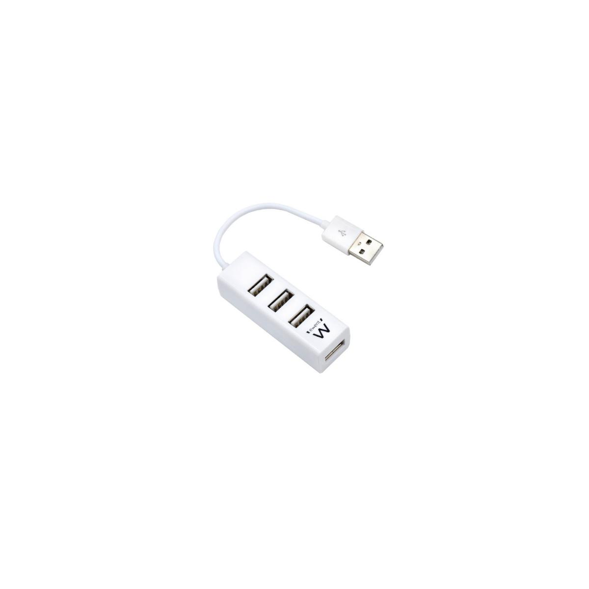 Un hub USB bianco con quattro porte e un cavo.