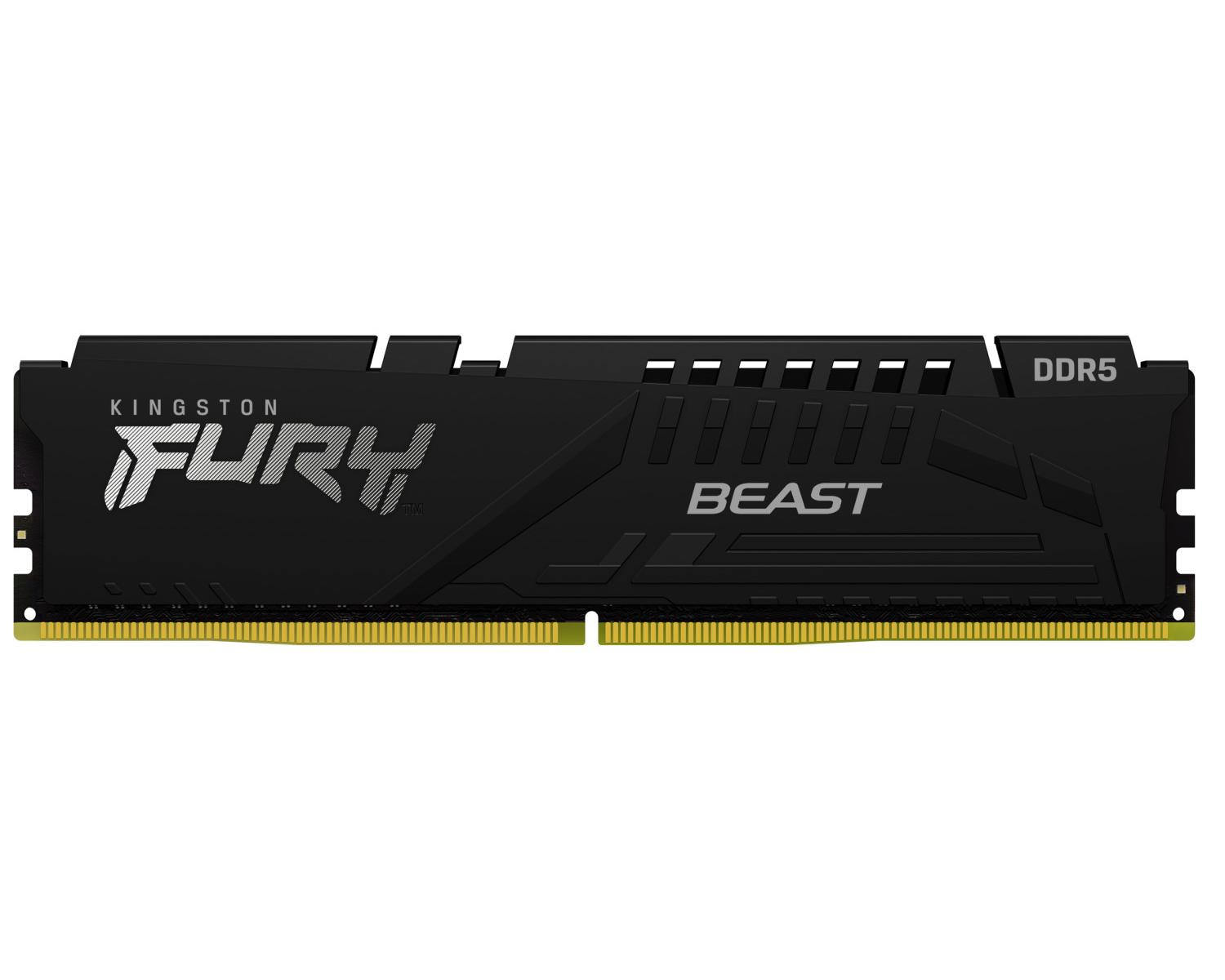 Un módulo de RAM DDR5 negro con contactos amarillos y logo Kingston Fury Beast.