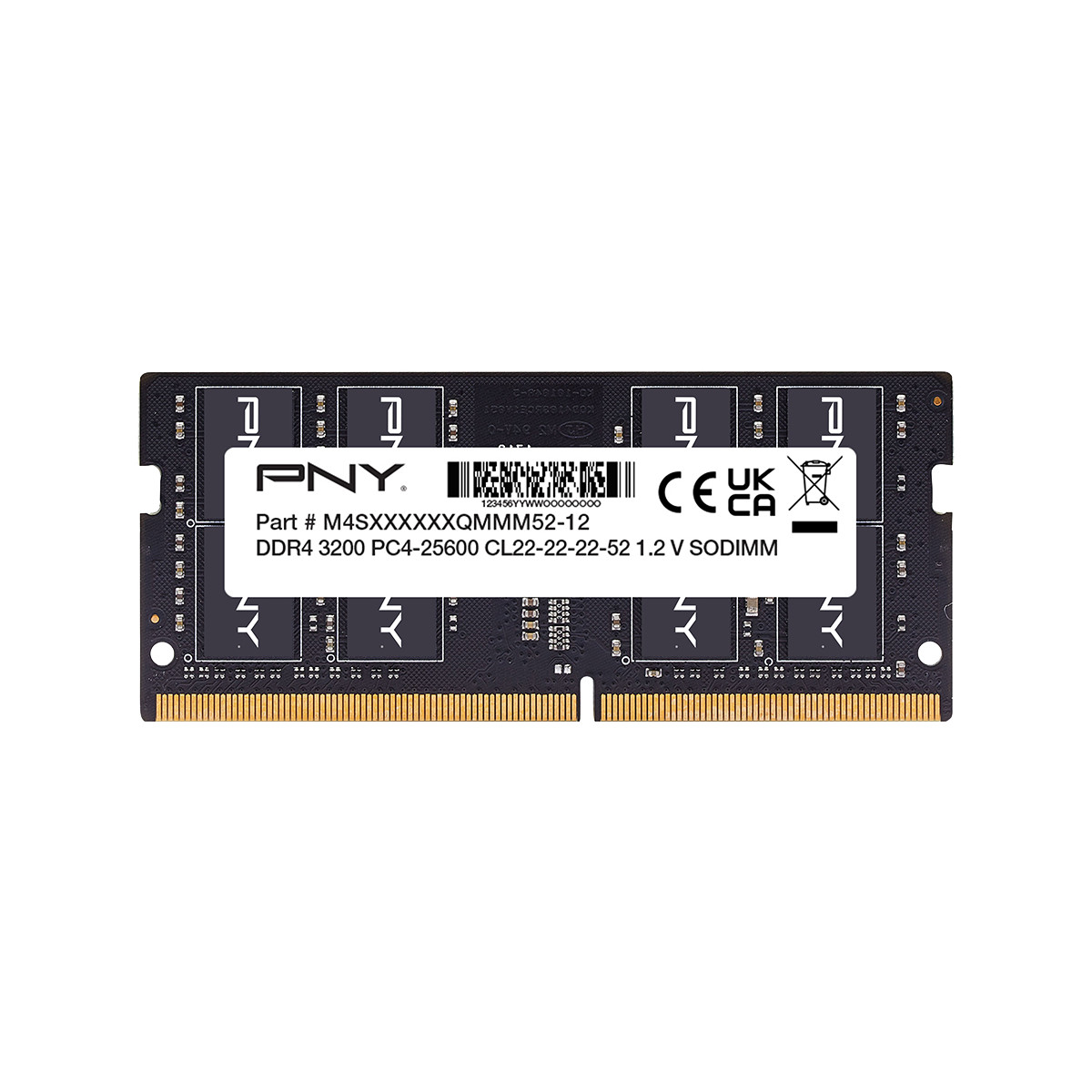 Modulo RAM PNY DDR4 con contatti dorati e etichetta.