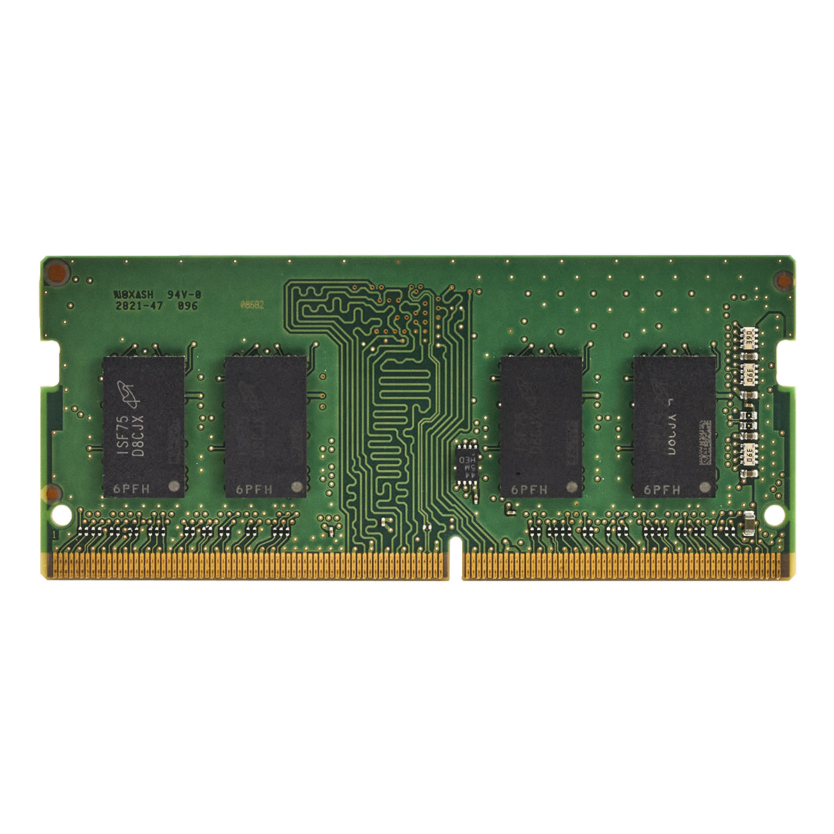 Un modulo RAM verde con quattro chip neri e contatti dorati.
