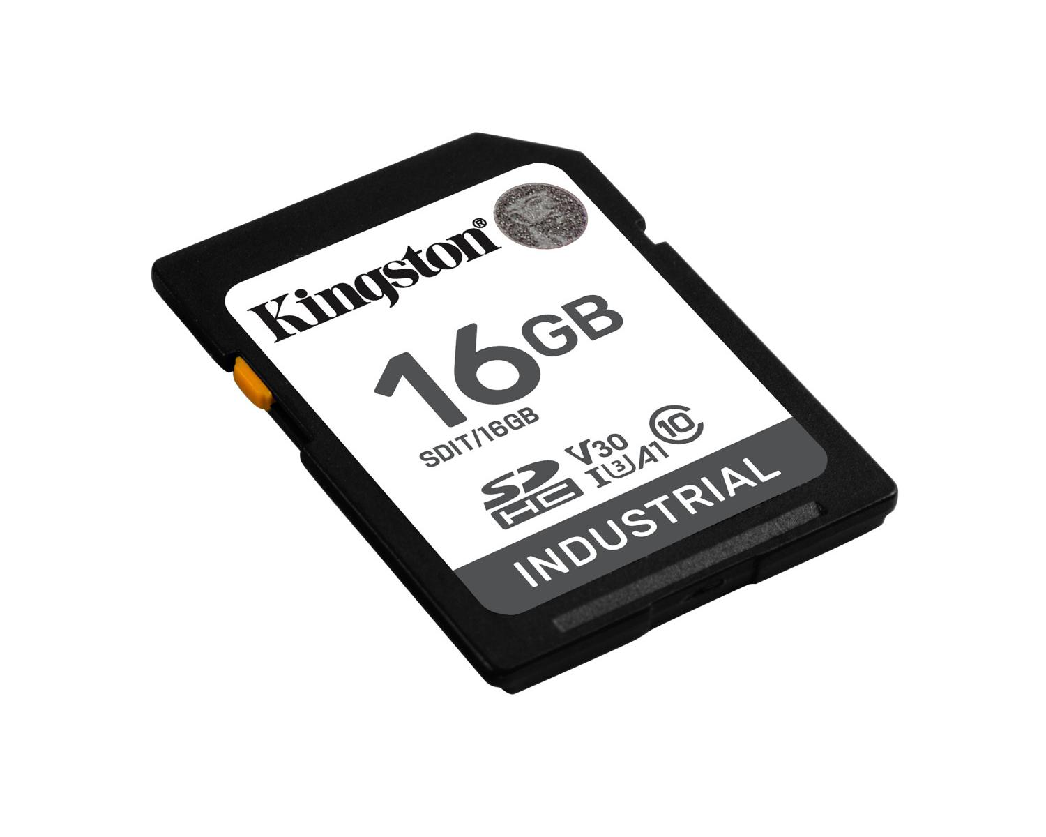 Kingston 16GB SD Industrial geheugenkaart met V30 en A1 rating.