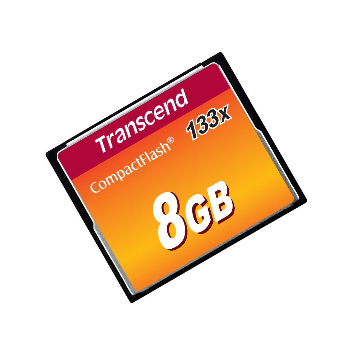 Scheda di memoria Transcend 8GB CompactFlash 133x su sfondo bianco.