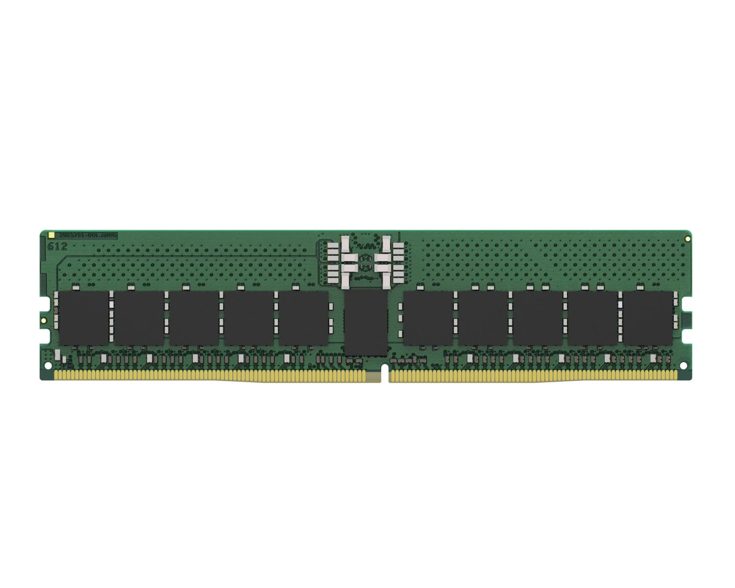 Een groene RAM-module met zwarte chips en gouden contacten.