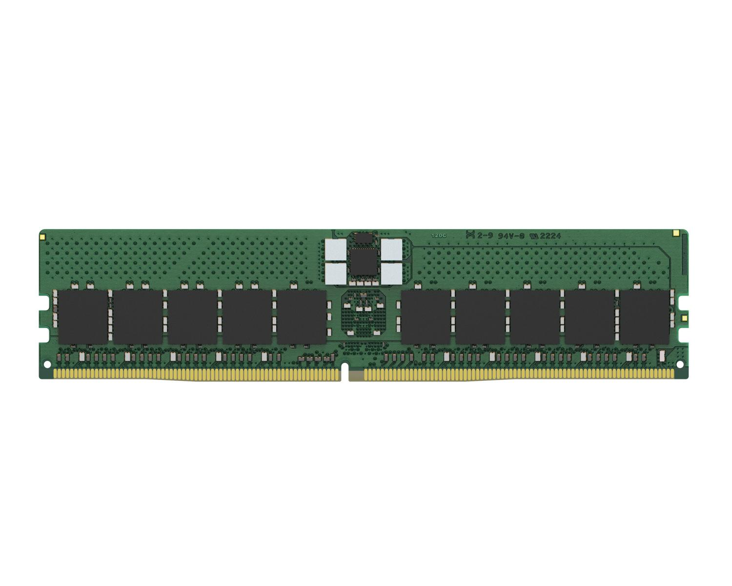Een groene RAM-module met zwarte chips en gouden contacten.