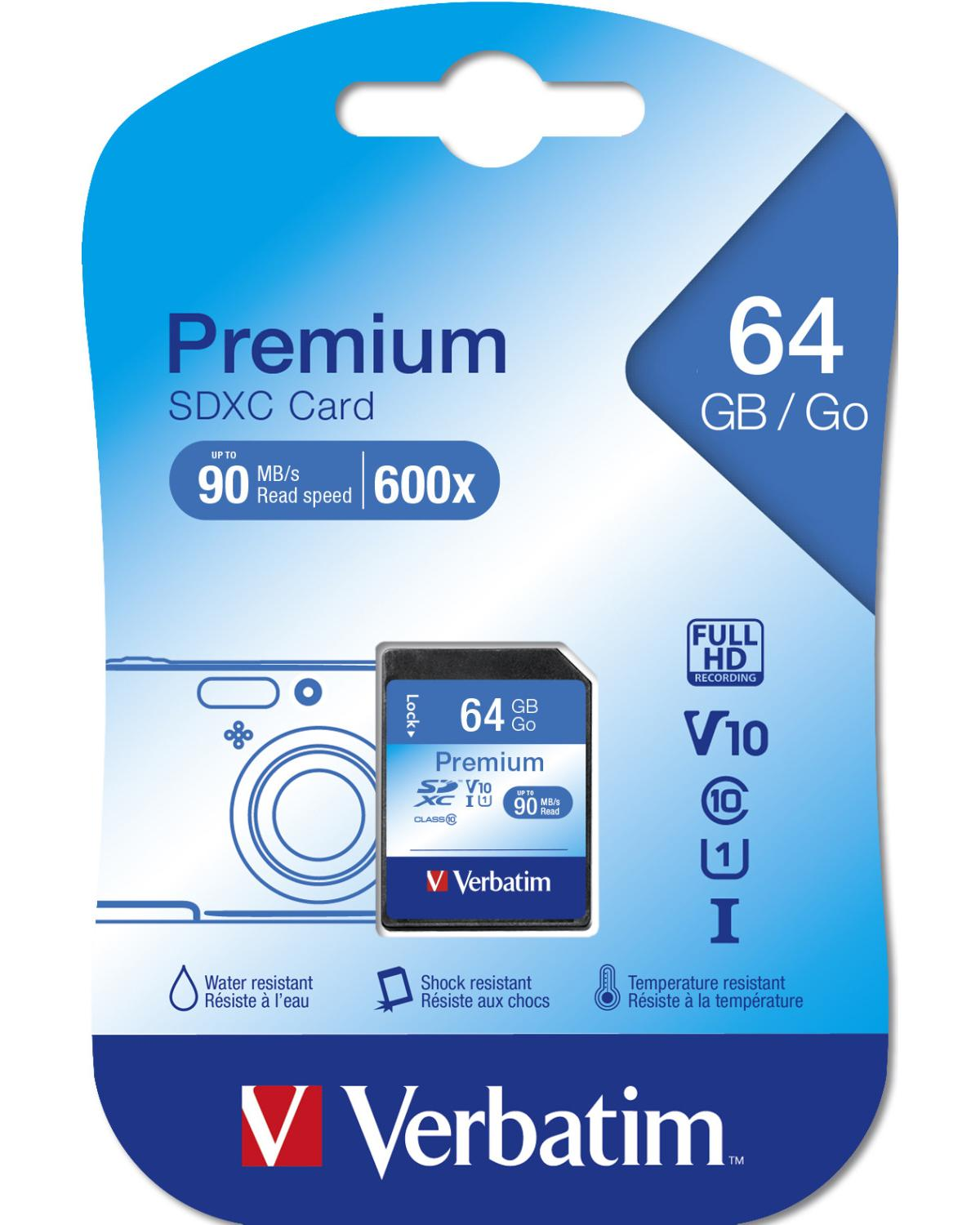 Emballage carte Verbatim Premium SDXC. Stockage 64 Go, vitesse lecture 90 Mo/s.