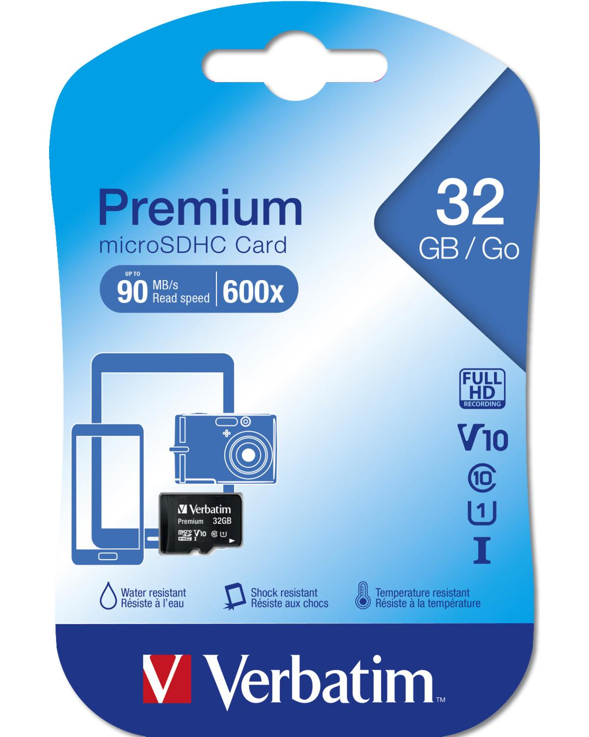 Carte Verbatim Premium microSDHC 32Go, 90Mo/s lecture, résiste eau, chocs, temp.
