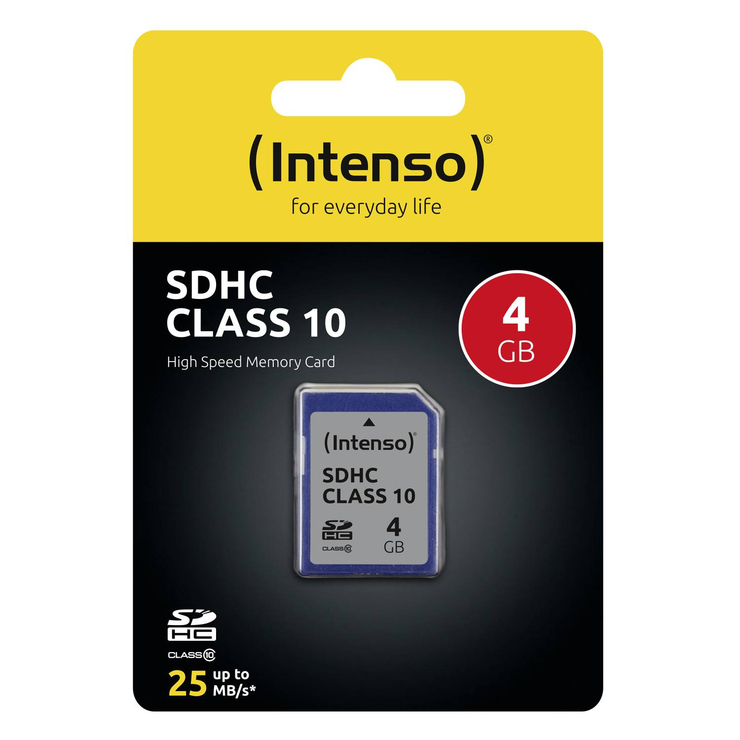 Carte mémoire Intenso SDHC Classe 10 4Go sur fond noir.