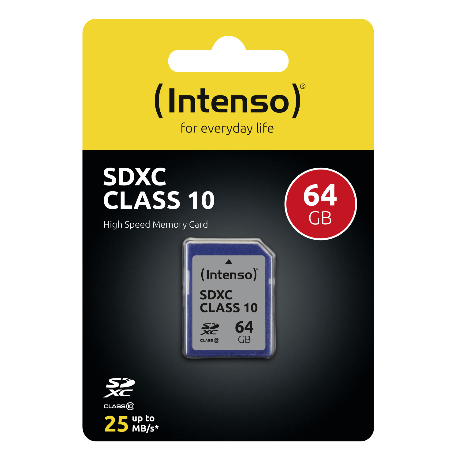 Emballage de carte mémoire Intenso SDXC Classe 10 64 Go haute vitesse. Façade carte.