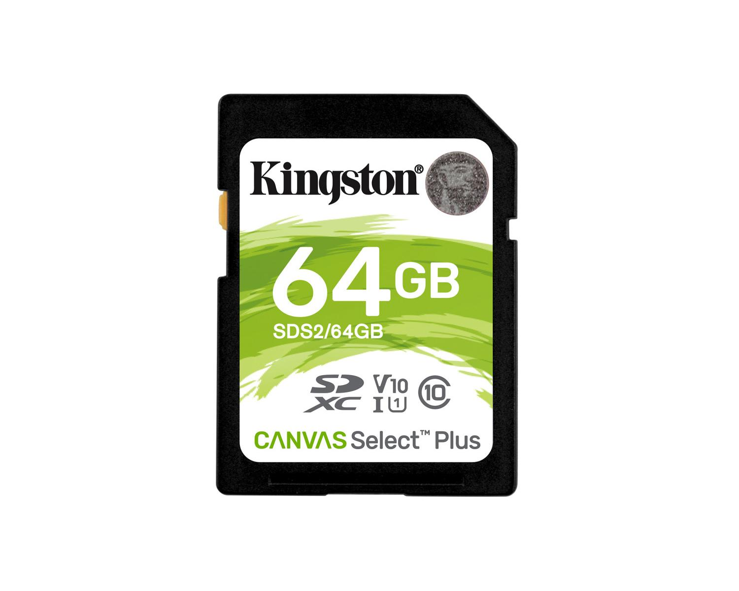 Scheda di memoria Kingston 64GB SDXC con accenti verdi e contrassegni di classe di velocità.