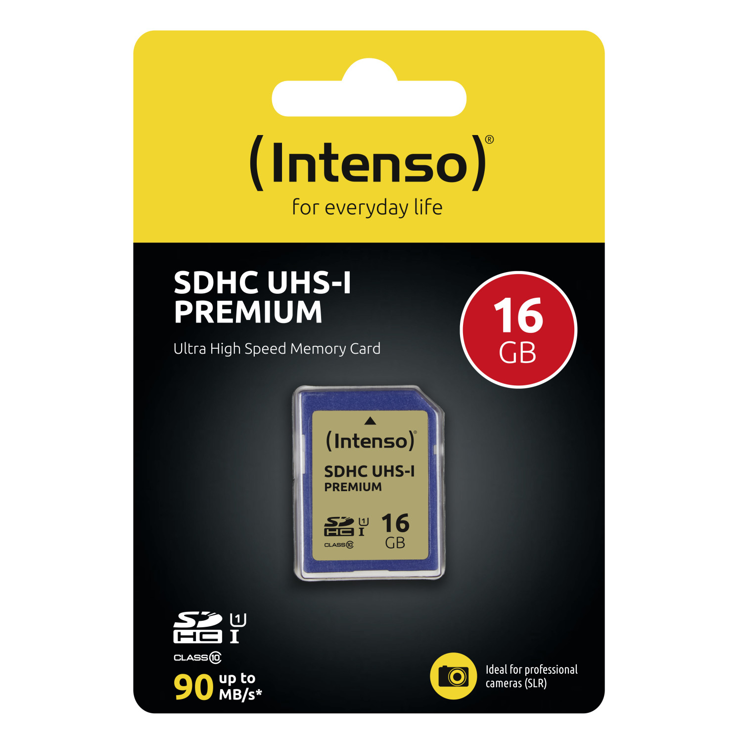 Intenso 16 GB SDHC UHS-I Premium Speicherkarte mit 90 MB/s Lese-/Schreibgeschwindigkeit.