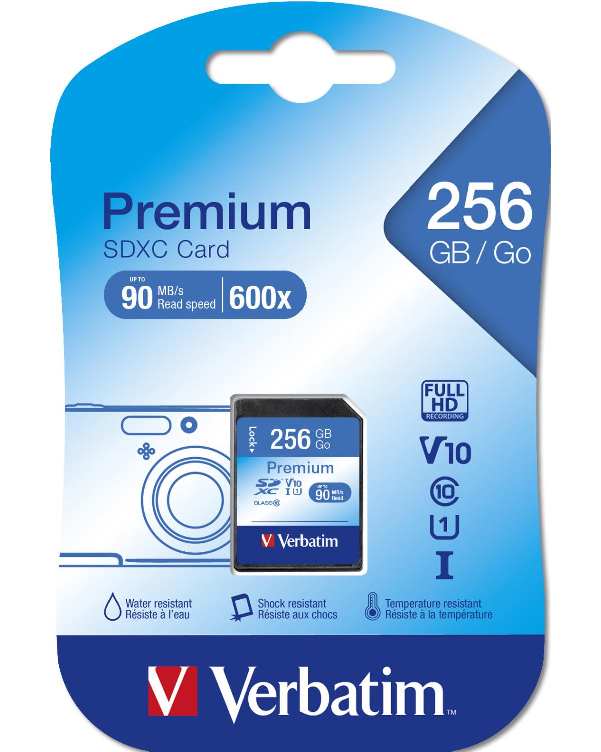 Verbatim Premium SDXC Speicherkarte, 256 GB, 90 MB/s Lesegeschwindigkeit, wasser-/stoß-/temperaturbeständig.