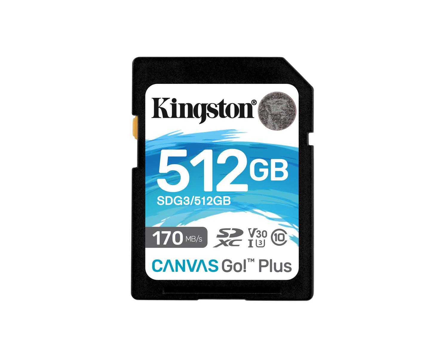 Tarjeta de memoria SDXC Kingston de 512 GB con marca Canvas Go! Plus.