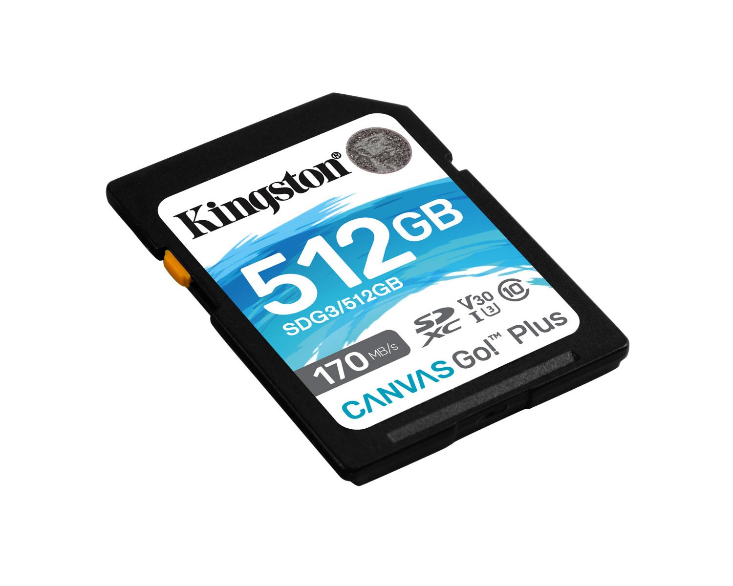 Tarjeta Kingston 512GB SDXC con velocidad de lectura/escritura de 170 MB/s.
