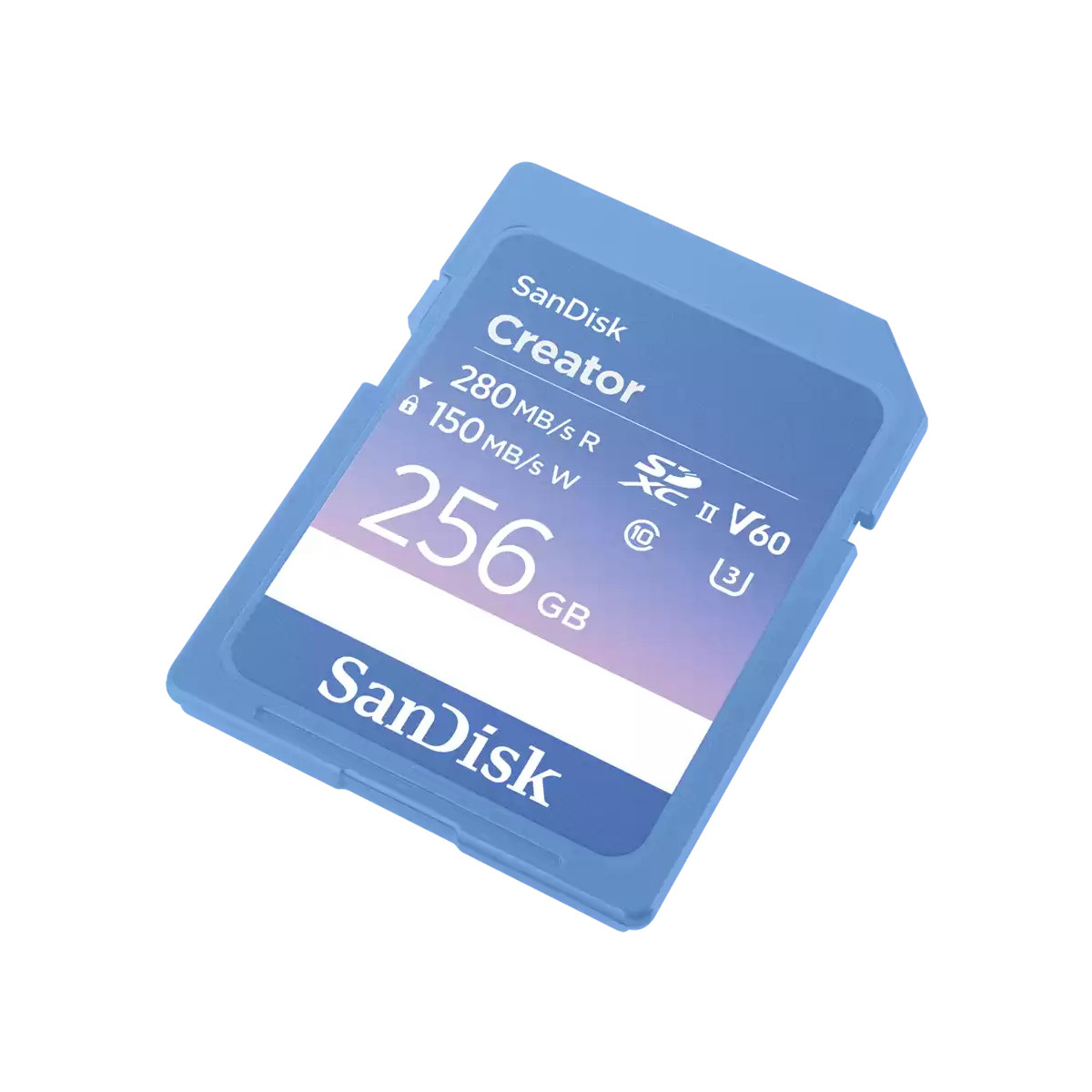 Eine blaue SanDisk Creator 256GB SDXC-Speicherkarte mit Geschwindigkeitsangaben.