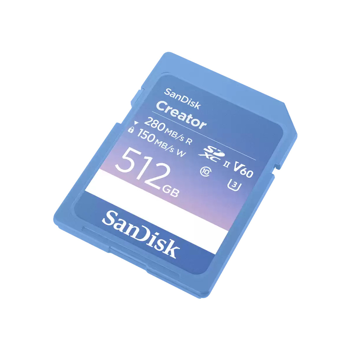 Eine blaue SanDisk Creator 512GB SD-Karte mit Geschwindigkeitsangaben.