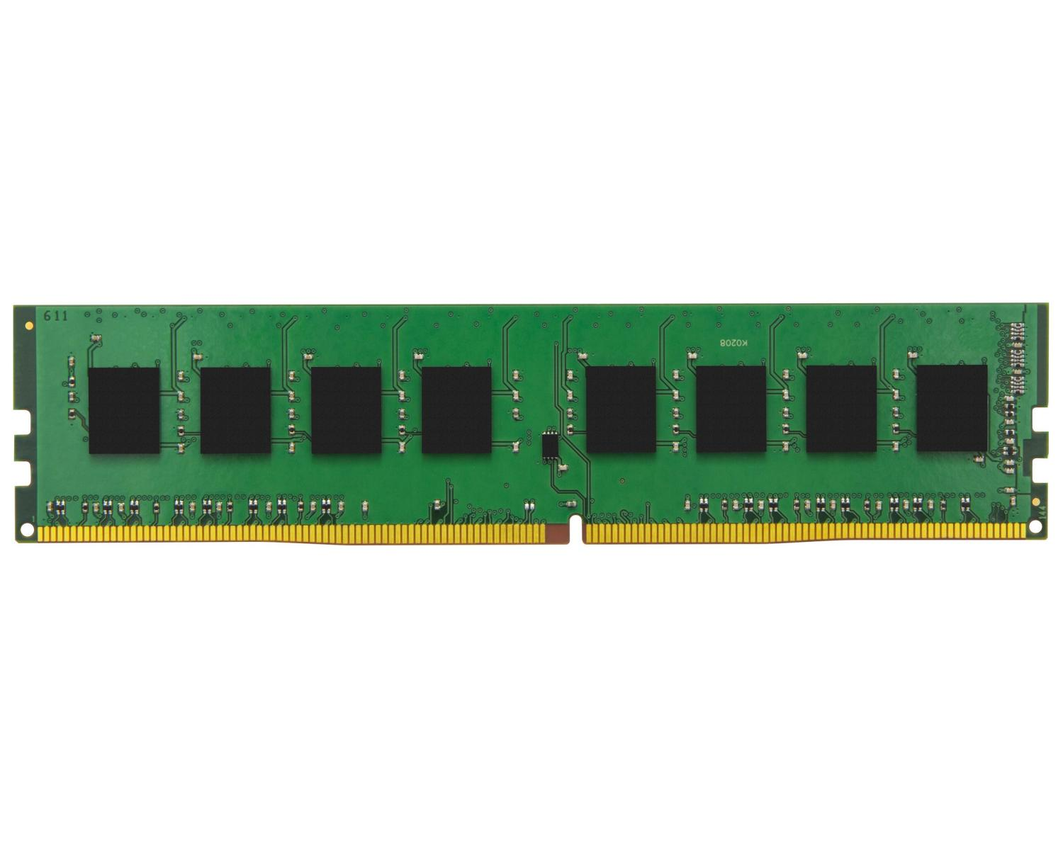 Een groene RAM-module met zes zwarte chips en gouden contacten op witte achtergrond.