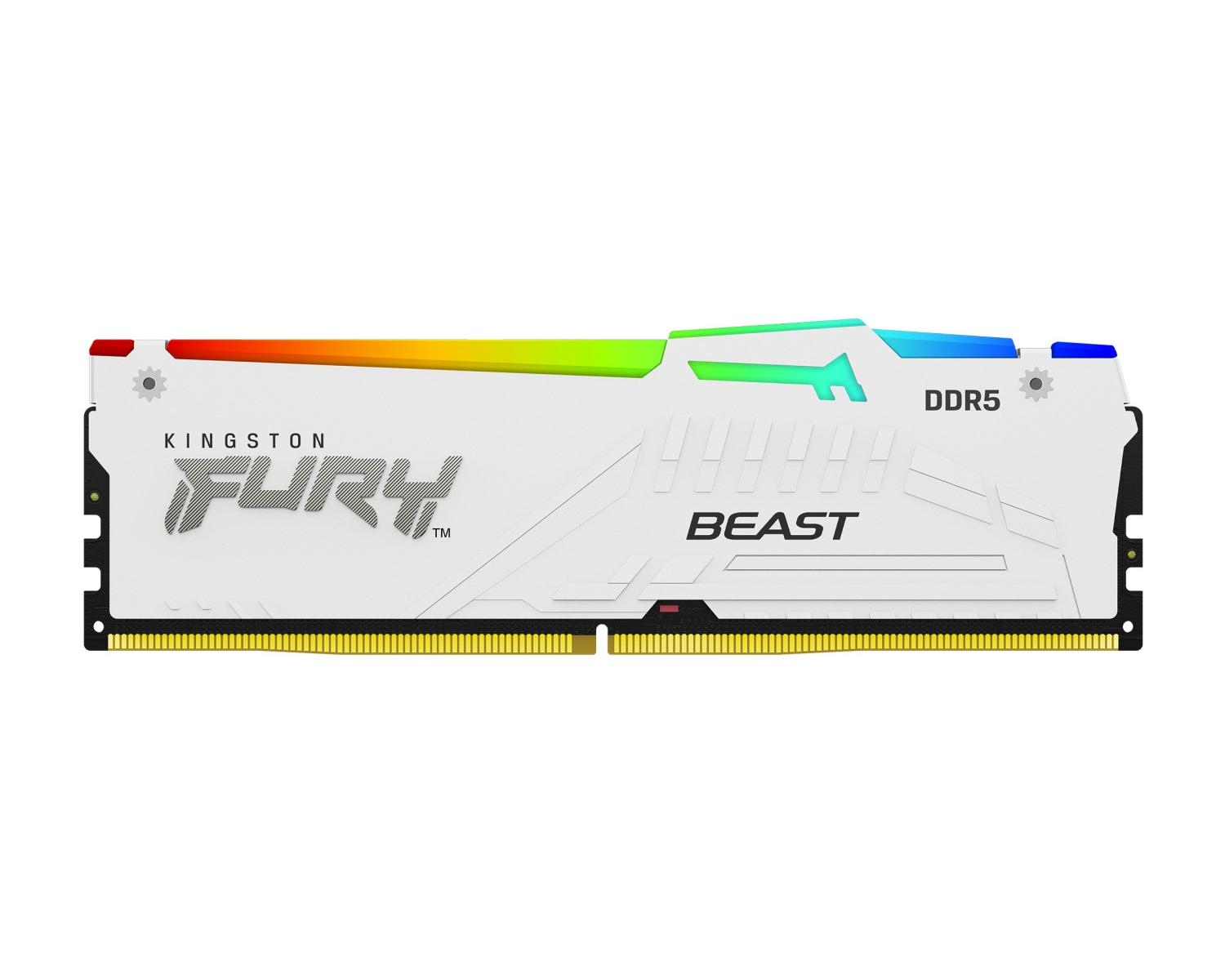 Modulo RAM Kingston Fury Beast DDR5 con dissipatore bianco e illuminazione RGB.