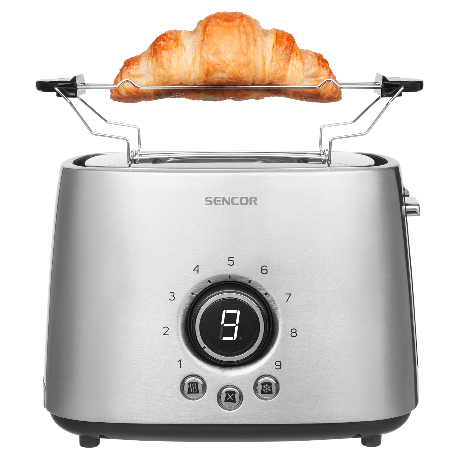 Ein silberner Toaster mit einem Croissant auf dem Aufsatz.