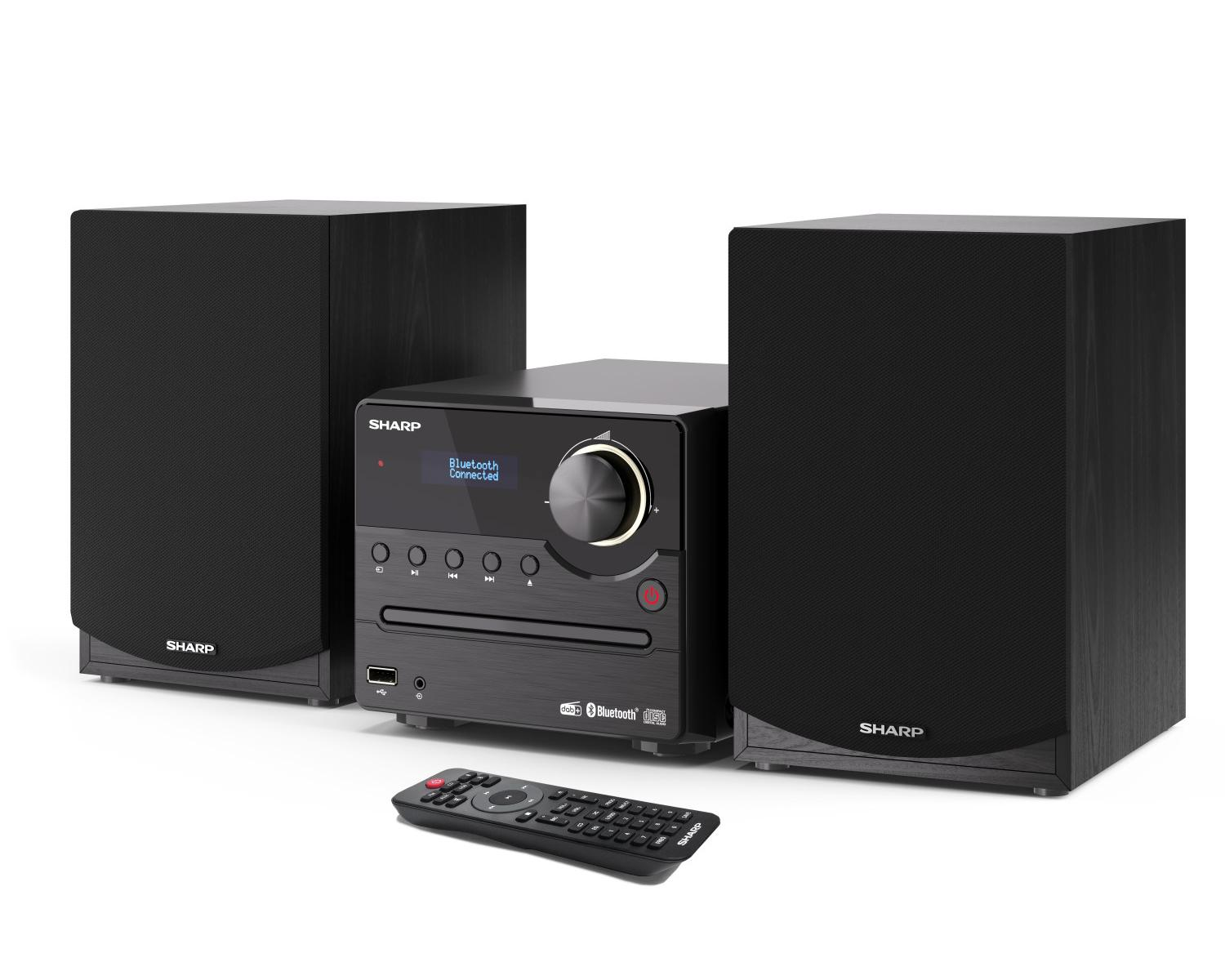 Ein schwarzes Sharp Stereo-System mit zwei Lautsprechern und Fernbedienung.