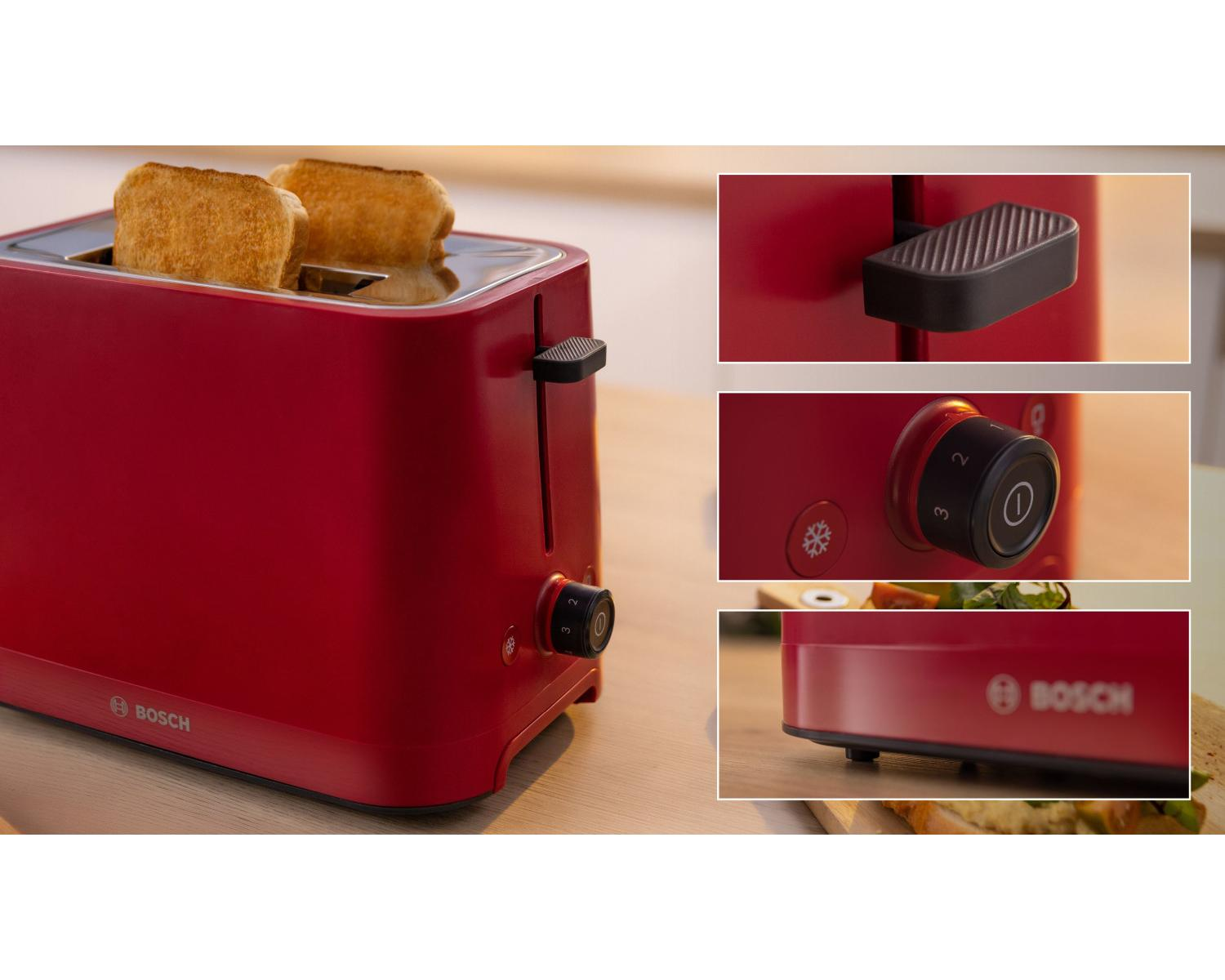 Roter Bosch Toaster mit zwei Toastscheiben, Bedienelementen und Logo.
