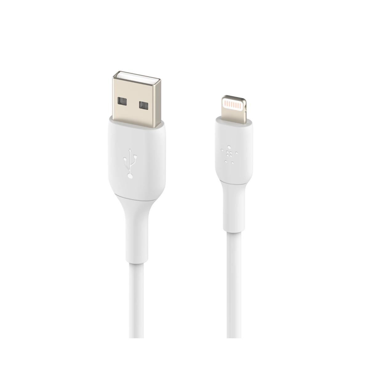 Un câble USB vers Lightning blanc sur fond blanc.