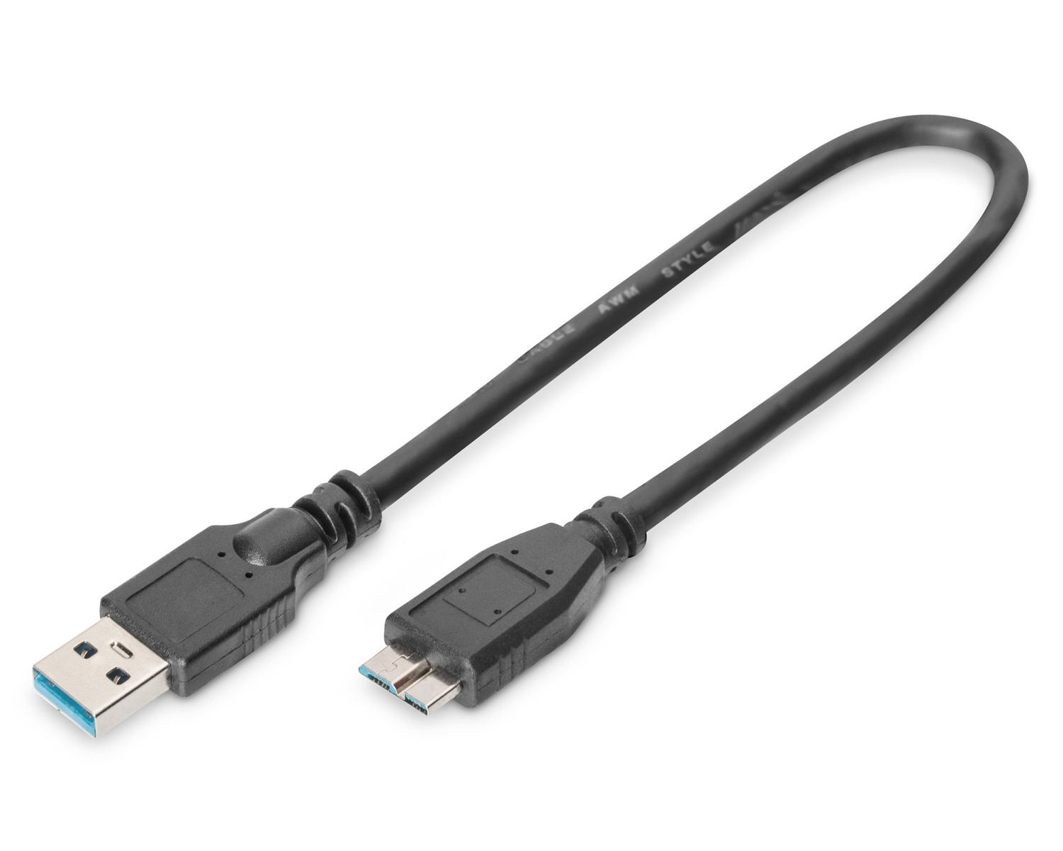 Ein schwarzes USB-Kabel mit einem Standard-USB-Stecker und einem Micro-USB-Stecker.
