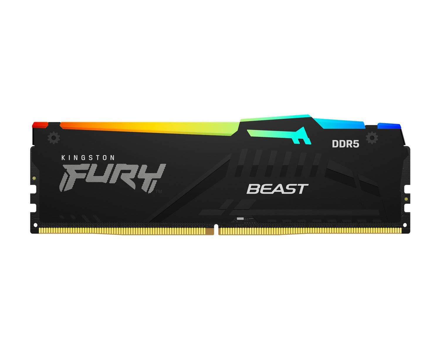 Ein schwarzer DDR5 RAM-Riegel mit RGB-Beleuchtung und den Aufdrucken "Kingston Fury" und "Beast".