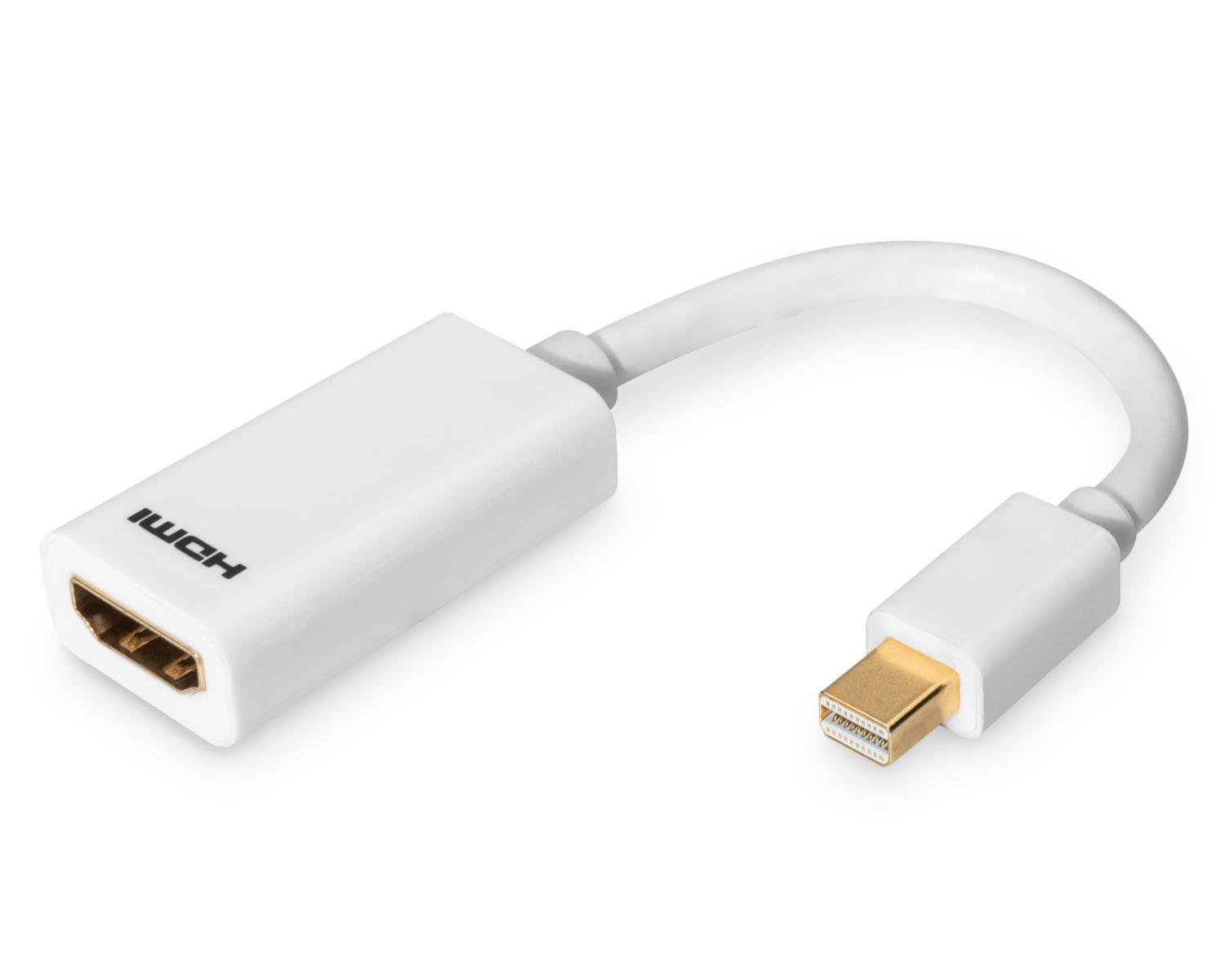 Un adaptador blanco de HDMI a Mini DisplayPort con conector dorado.