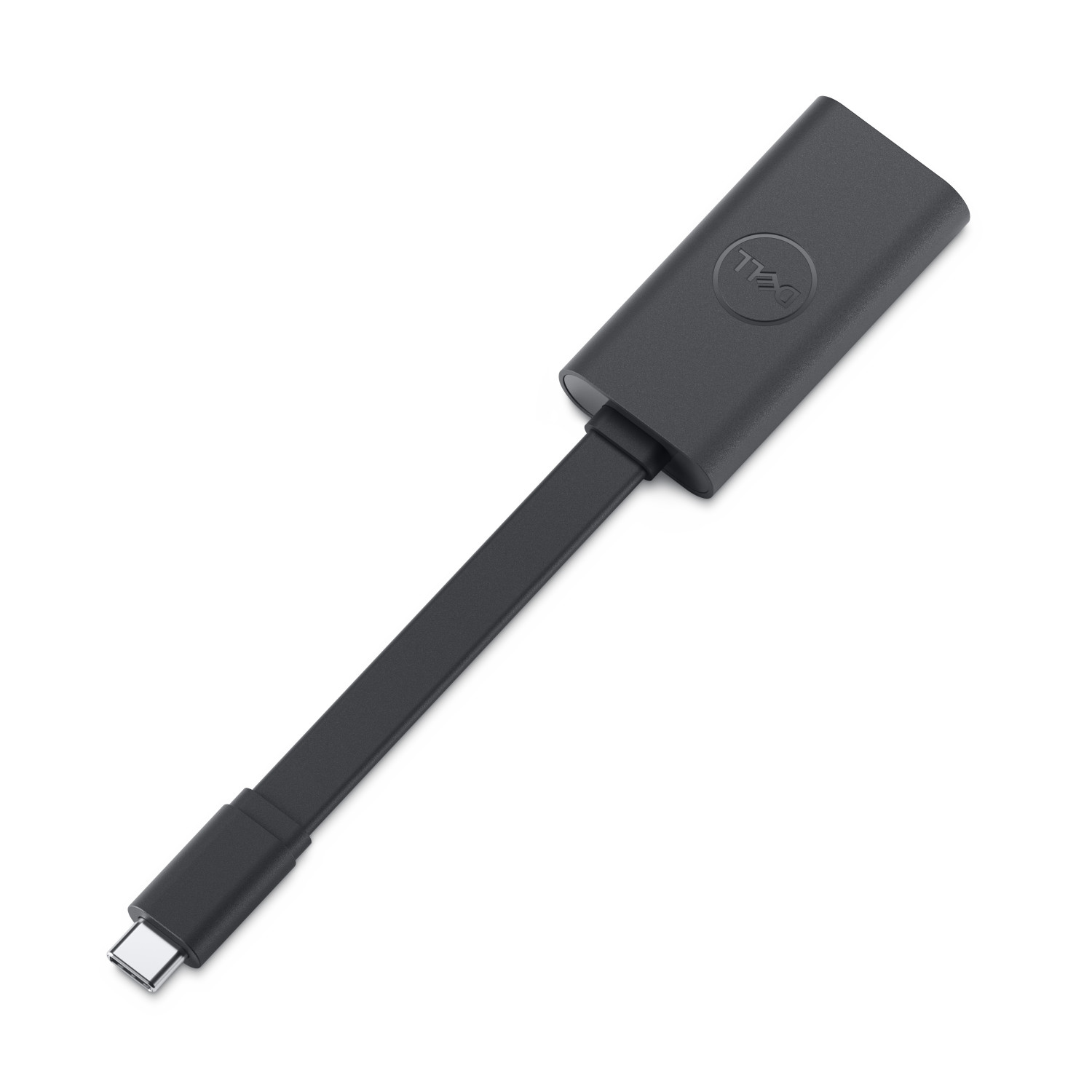 Zwarte Dell USB-C adapter met kabel en connector.