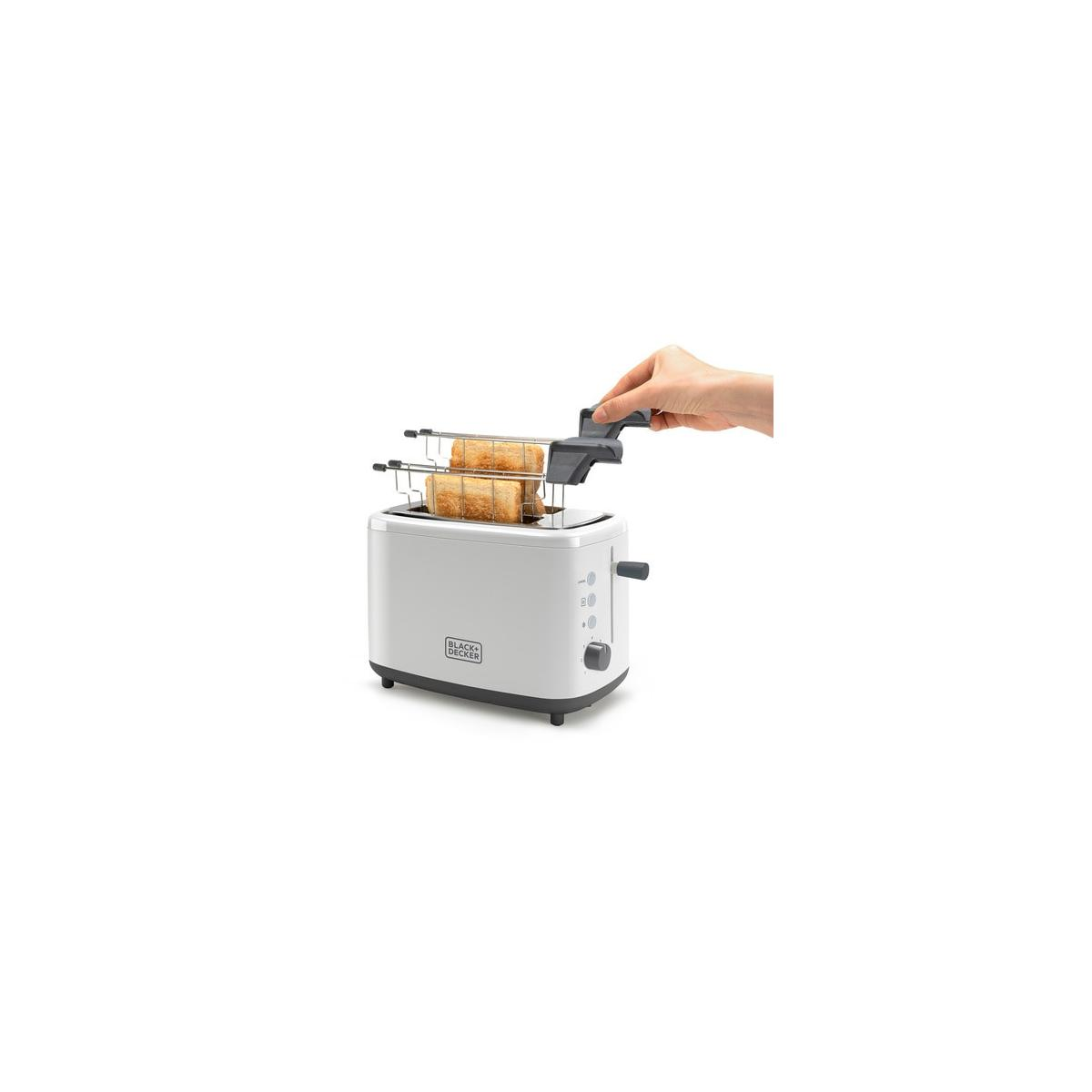 Ein weißer Toaster mit zwei goldenen Toastbrotscheiben, die mit einem Hebel herausgezogen werden.