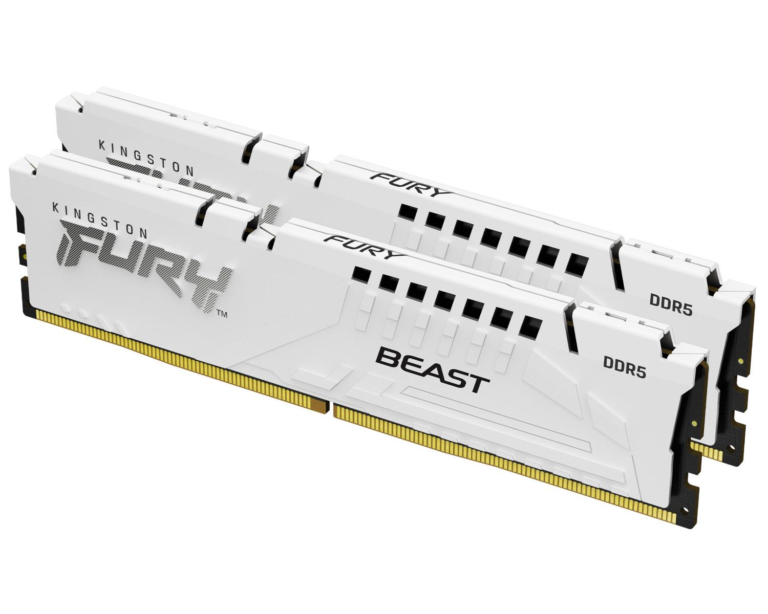 Twee witte Kingston FURY DDR5 RAM-modules met gouden contacten.