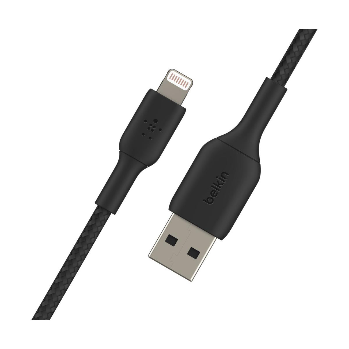 Un câble de chargement USB-A vers Lightning noir avec cordon tressé.