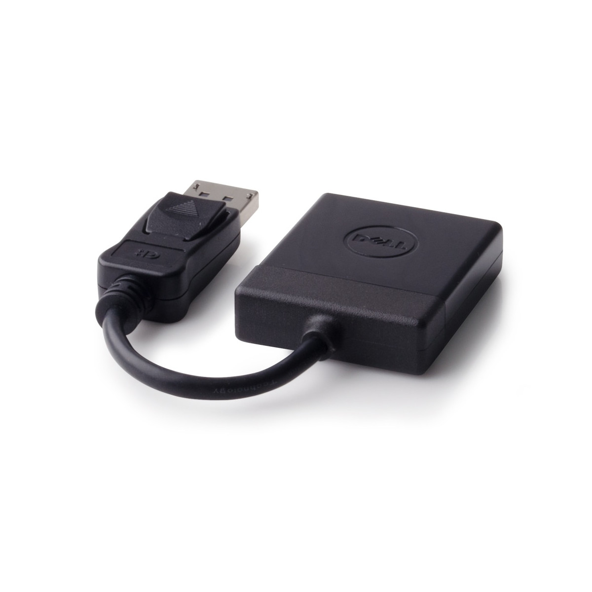Schwarzer Dell DisplayPort-zu-HDMI-Adapter mit Kabel auf weißem Hintergrund.