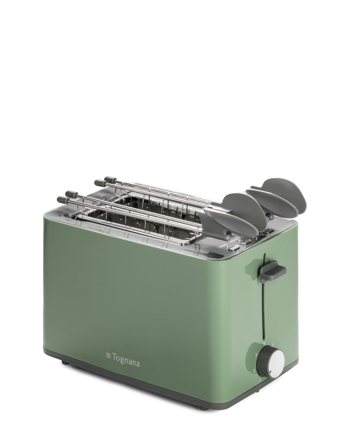Un tostapane Tognana verde con accenti cromati e quattro fessure su sfondo bianco.