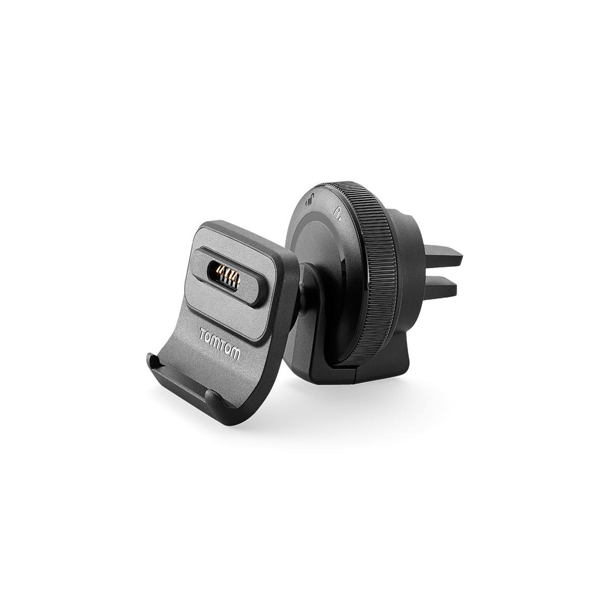 Ein schwarzer TomTom Autohalter mit Lüftungsschlitzklemmen und Ladeanschluss.