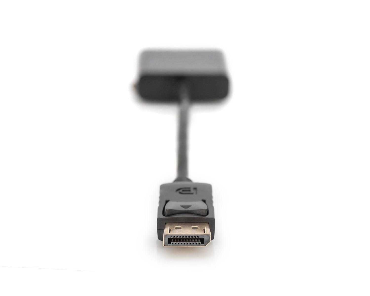 Czarny adapter DisplayPort z kablem na białym tle.
