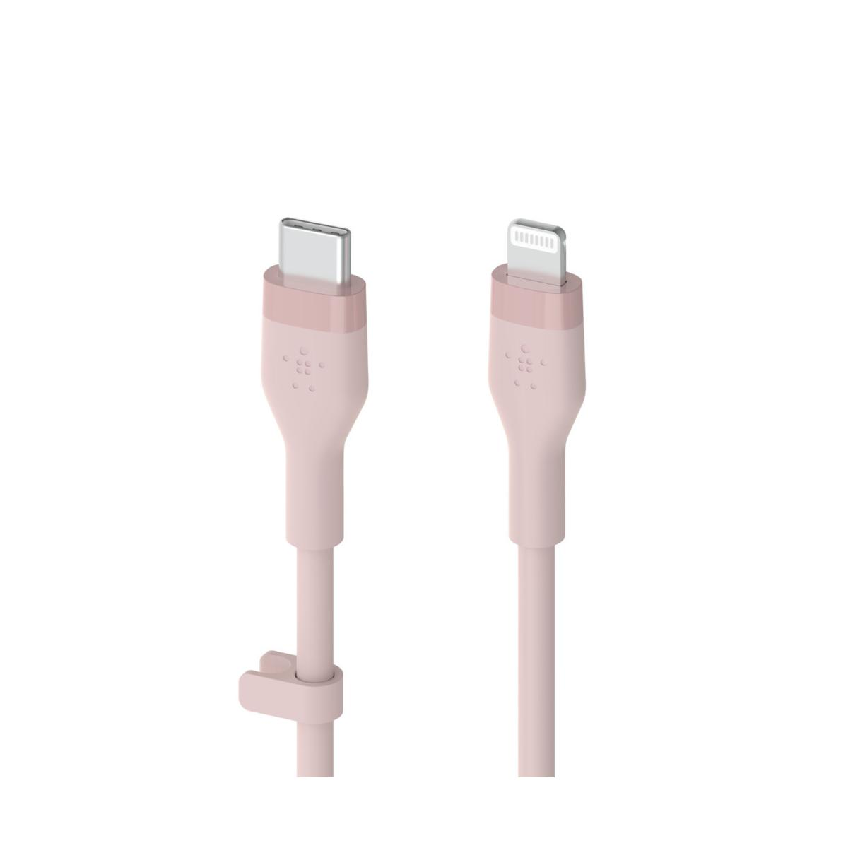 Due cavi di ricarica rosa, uno USB-C e uno Lightning, su sfondo bianco.