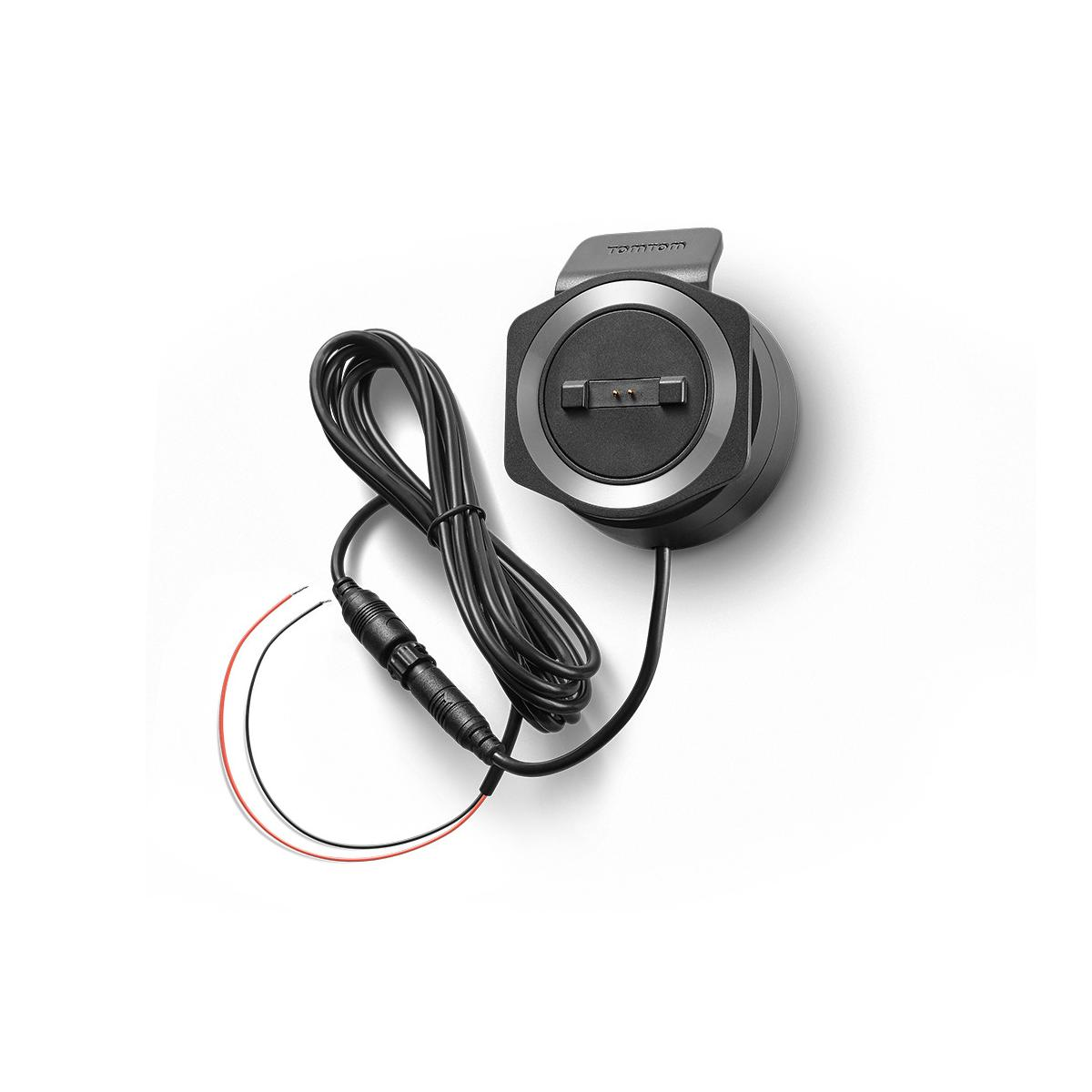 Un supporto TomTom nero con cavo e fili scoperti.