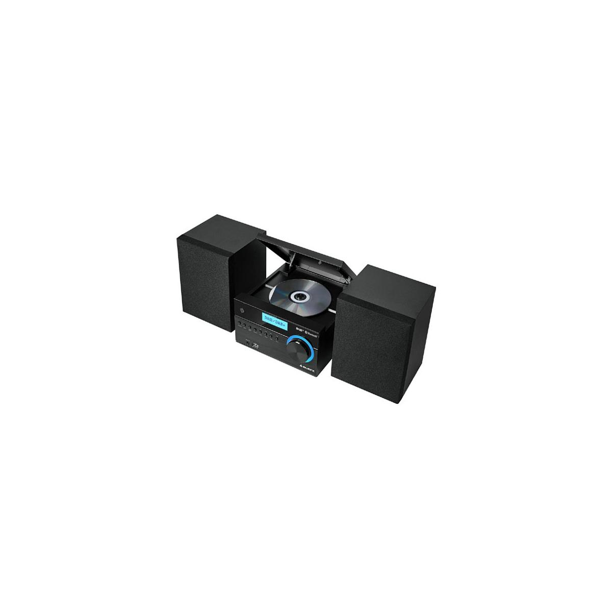 Schwarzes Stereo mit CD-Player und zwei Lautsprechern.
